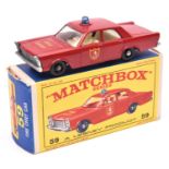 Matchbox Series No.55 Ford Galaxie Fire Chief Car. In red with white interior, FIRE CHIEF & shield