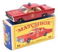 Matchbox Series No.55 Ford Galaxie Fire Chief Car. In red with white interior, FIRE CHIEF & shield