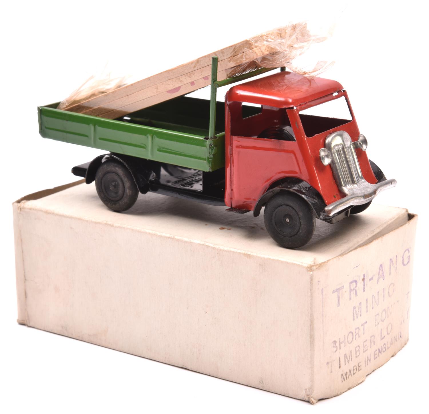 Tri-ang Minic tinplate clockwork Short Bonnet Timber Lorry No.103M. An example with red cab, green