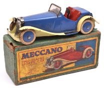 A Meccano No.1 non-constructor 2-seater Sports Car. With a blue body, cream wheel arches and red