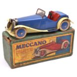 A Meccano No.1 non-constructor 2-seater Sports Car. With a blue body, cream wheel arches and red