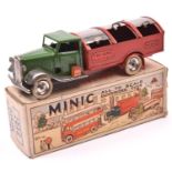 Tri-ang Minic tinplate clockwork Dust Cart 32M. A normal control cab in green with plated mudguards,