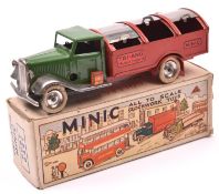 Tri-ang Minic tinplate clockwork Dust Cart 32M. A normal control cab in green with plated mudguards,