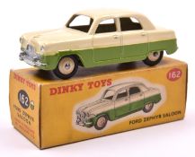 Dinky Toys Ford Zephyr Saloon (162). An example in cream and lime green with darker cream wheels and