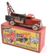 Tri-ang Minic tinplate clockwork Breakdown Lorry 48M. 1930's example. Red normal control cab with