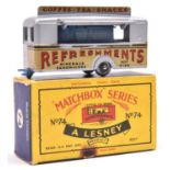 Matchbox Series No.74 Mobile Refreshments Bar. An example in metallic silver with 'REFRESHMENTS in
