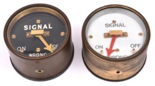 2x Railway signal box indicators. Brass cased SYX indicators showing ON, OFF and Wrong. One with