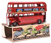 Tri-ang Minic tinplate clockwork Double Deck Bus No.60M. An example in red London Transport livery