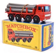Matchbox Series No.10 Leyland Pipe Truck. In red with 7 grey plastic pipe load, silver base and