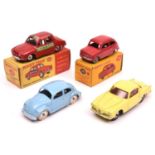 4 Dinky Toys. Fiat 600 Saloon (183). Example in red with grey plastic wheels. Plus a Renault