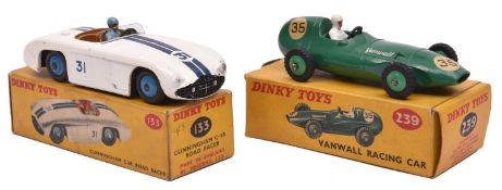 2 Dinky Toys Racing Cars. Cunningham C-5R Road Racer (133). In white with dark blue twin racing