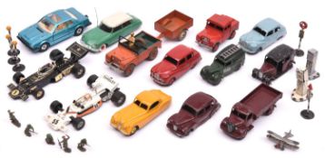 A quantity of Dinky Toys. 2x Austin Somerset, one in red and one in light blue. Jaguar XK120 in