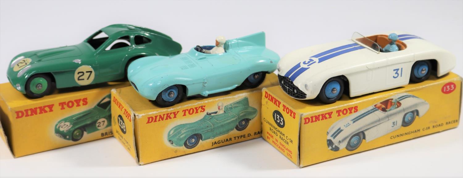 3 Dinky Toys Racing Cars. Bristol 450 Sports Coupe (163). In dark green, RN27, with mid green