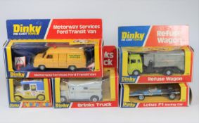 5 Dinky Toys. Happy Cab (120) in white, yellow and blue with flower decoration. Lotus F1 Racing