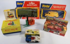 6 Dinky Toys. Foden Army Truck (668) in olive green. Coventry Climax Fork Lift Truck (401) in orange