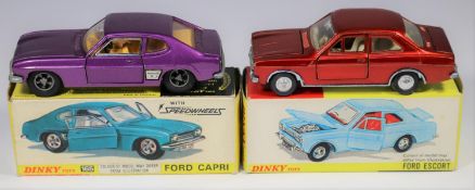 2 Dinky Toys. Ford Capri (165). Example in metallic purple with deep yellow interior, detailed alloy
