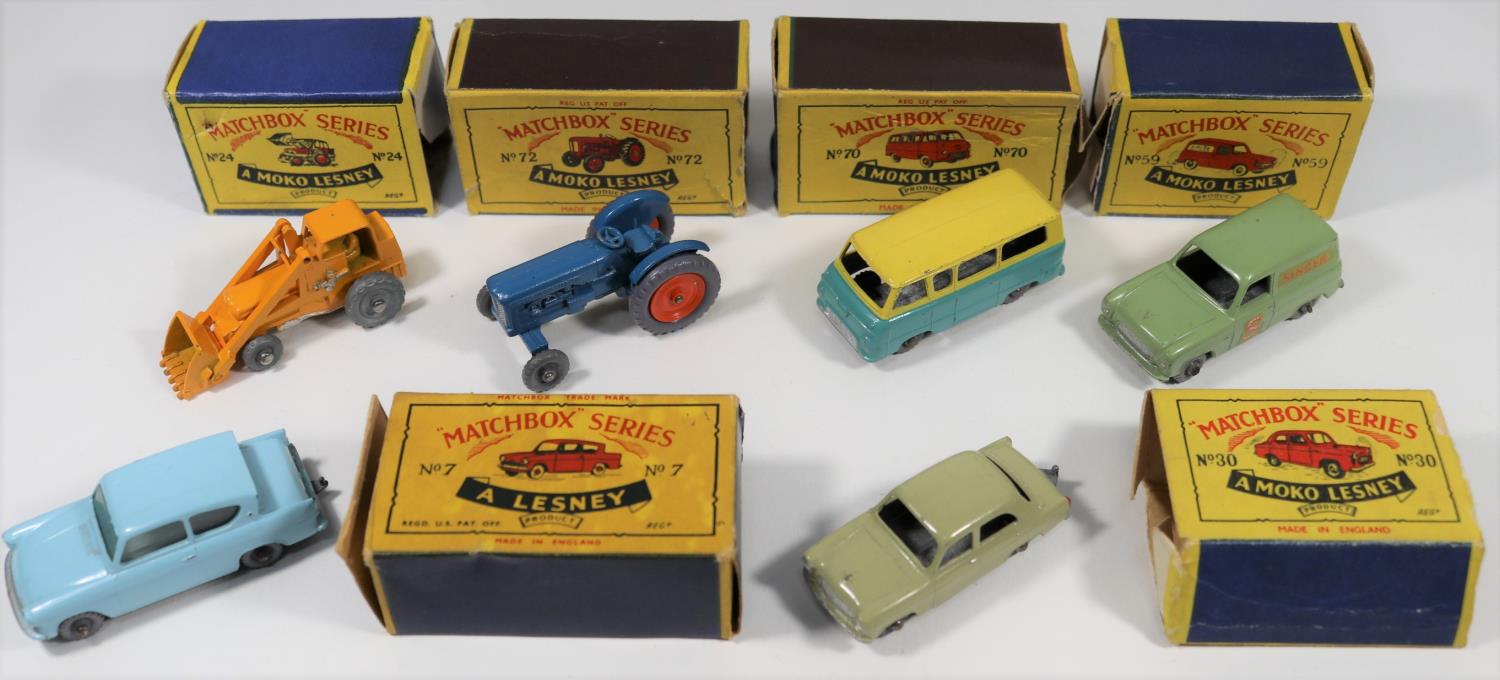 6 Matchbox Series. No.7 Ford Anglia in light blue with grey plastic wheels. No24 Weatherill