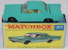 Matchbox Series No.31 Lincoln Continental. An example in sea green with white interior, unpainted