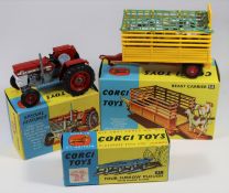 3 Corgi Toys. Massey-Ferguson 165 Tractor (66). In red, light grey and white livery. Plus a Beast