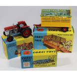 3 Corgi Toys. Massey-Ferguson 165 Tractor (66). In red, light grey and white livery. Plus a Beast