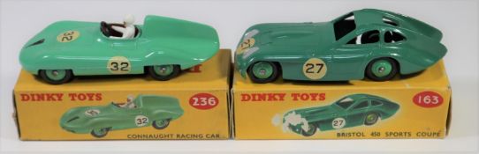2 Dinky Toys Racing Cars. Bristol 450 Sports Coupe (163). In dark green, RN27, with mid green