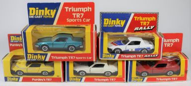 5 Dinky Toys Triumph TR7. Purdey's TR7 (112) in yellow with yellow flash and black interior. Triumph