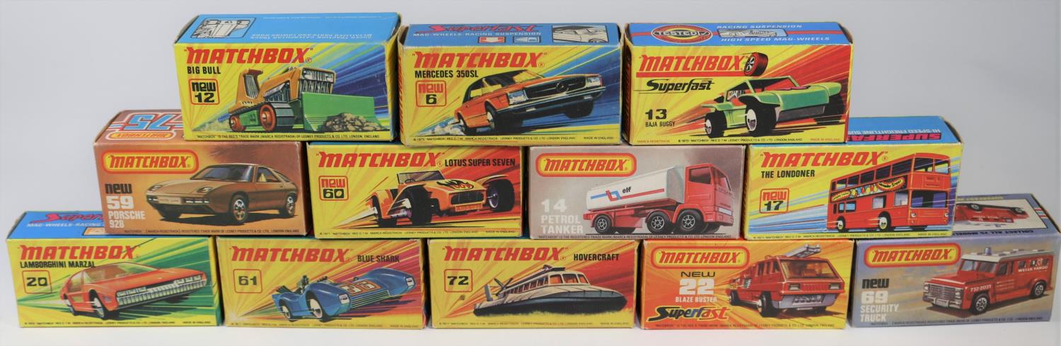 12 Matchbox Superfast/75. No.6 Mercedes 350SL. No.12 Big Bull. No.13 Baja Buggy. No.14 Petrol