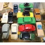 12 Dinky Toys for restoration. 2x Mini Automatic, Triumph TR3, Volkswagen, Hillman Minx, Austin A30,