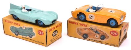 2 Dinky Toys Racing Cars. Austin-Healey '100' Sports (109). In deep yellow with mid blue interior,