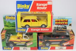 3 Dinky Toys. 2x 'Customised' series examples, one a Land Rover in yellow. Plus a Range Rover in