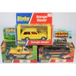 3 Dinky Toys. 2x 'Customised' series examples, one a Land Rover in yellow. Plus a Range Rover in