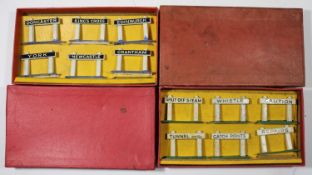 2 Pre-War Hornby Series 'O' gauge Railway Accessories Sets. No.8 line side signs- 6- SHUT OFF STEAM,