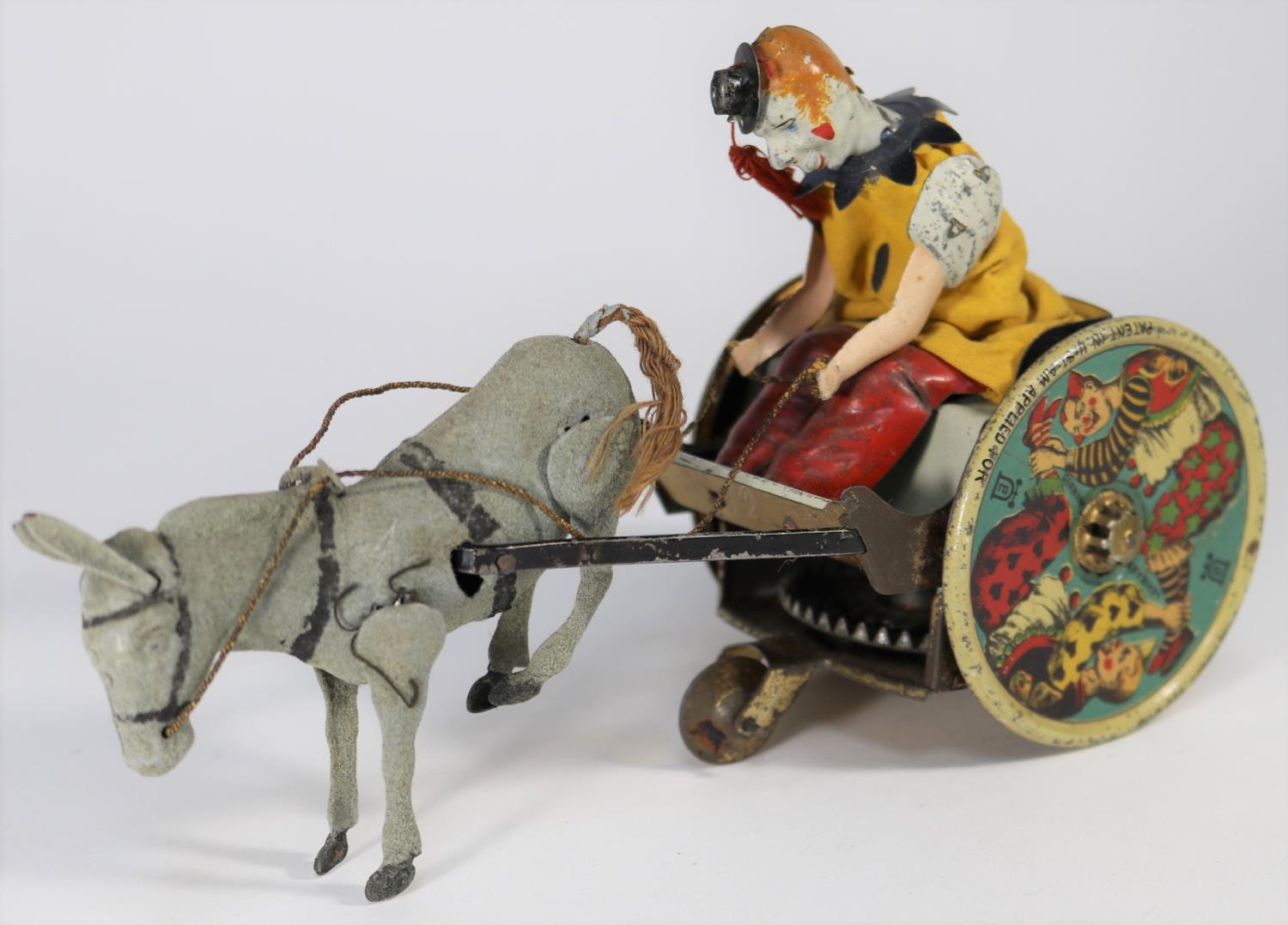 A rare Lehmann 1930s tinplate Balky Mule (Stubborn Donkey) No.425. Clockwork 2-wheel cart with clown - Image 2 of 2