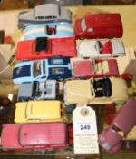 12 Dinky Toys for restoration. 5 over painted, De Tomaso Mangusta, Chevrolet El Camino, Cunningham