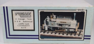 A Springside Models O gauge 7mm kit. An 0-4-0T Industrial Saddle Tank Locomotive unmade brass and