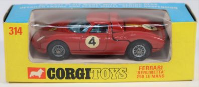 Corgi Toys Ferrari Berlinetta 250 Le Mans (314). In bright red with blue tinted windows, RN4, spoked