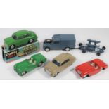 6 early Corgi Toys. Morris Cowley (202M) in dark green, in working order, boxed-damaged and one