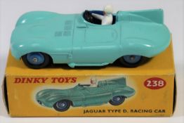 Dinky Toys Jaguar Type D Racing Car (238). In turquoise, with mid blue wheels and cockpit,