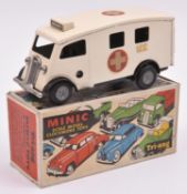 Tri-ang Minic tinplate clockwork Short Bonnet Ambulance No.85M. In cream with red crosses to