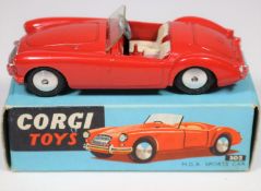 Corgi Toys M.G.A. Sports Car (302). In bright red with cream seats, smooth spun wheels and