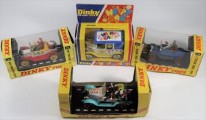 4 Dinky Toys Character Vehicles. Happy Cab (120) in white, yellow and blue with flower decoration.