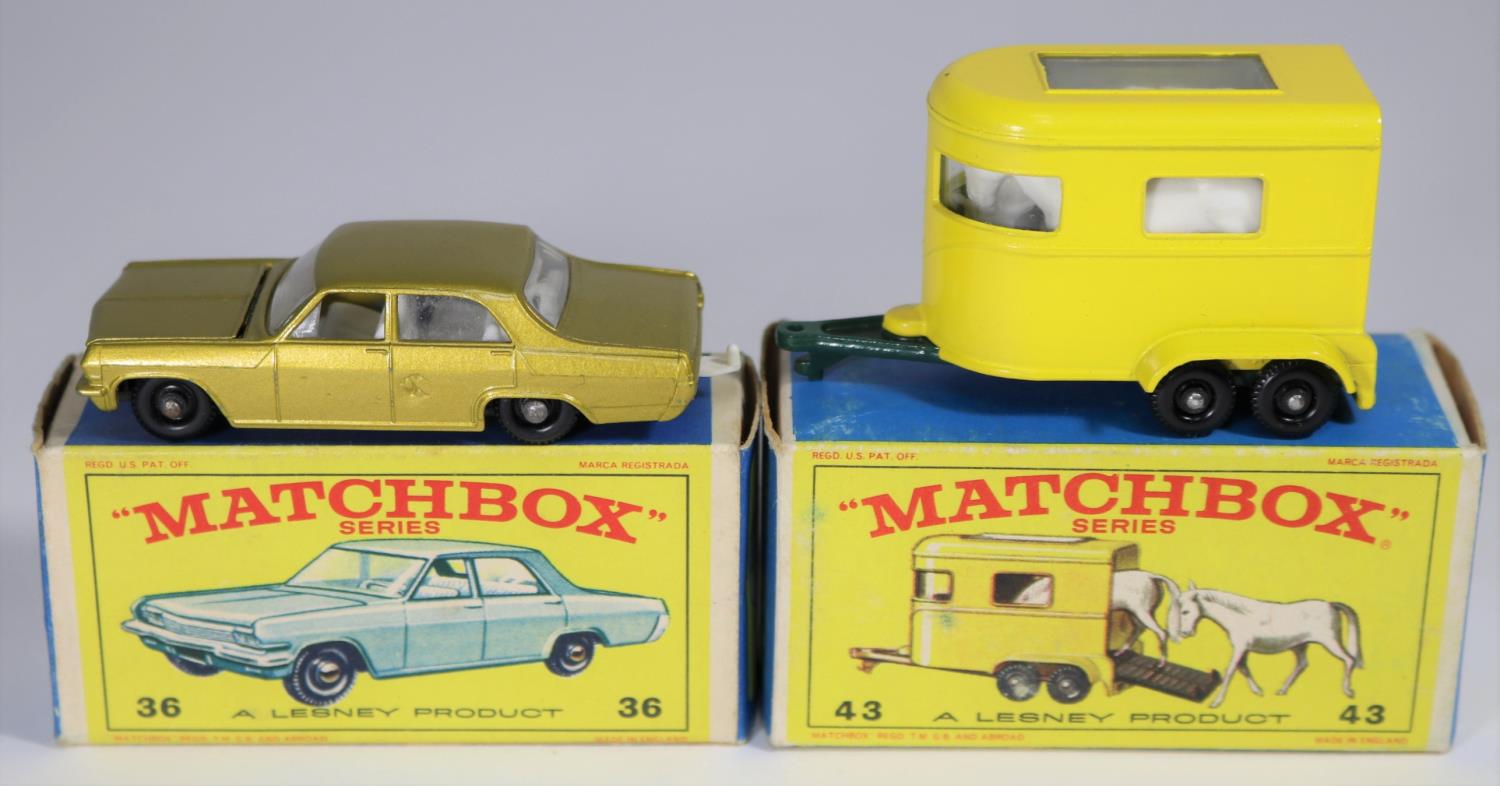 2 Matchbox Series. No.36 Opel Diplomat in metallic gold with white interior, chrome engine, black