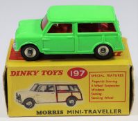 A rare Dinky Toys Morris Mini Traveller (197). An example in fluorescent lime green with red