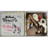 A Pelham Puppets 'Muffin The Mule puppet. A wooden articulated puppet painted in white with grey/