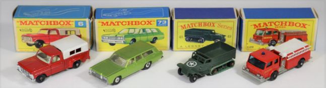 4 Matchbox Series. No.6 Ford Pick-Up in red with white interior, white plastic tilt, black base