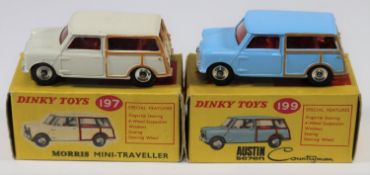 2 Dinky Toys Minis. Morris Mini Traveller (197). In cream with red interior. Plus an Austin Seven