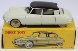 French Dinky Toys Citroen DS19 (24C). In cream with black roof, plated ridged wheels and white