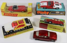 4 Dinky Toys. SAAB 96 (156) in metallic red with white interior. De Tomaso Mangusta (187). In red
