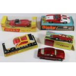 4 Dinky Toys. SAAB 96 (156) in metallic red with white interior. De Tomaso Mangusta (187). In red