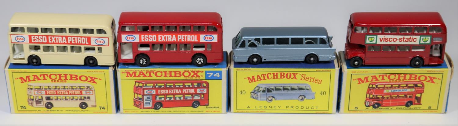 4 Matchbox Series. No.5 Routemaster London Bus. In red with white interior, black plastic wheels,